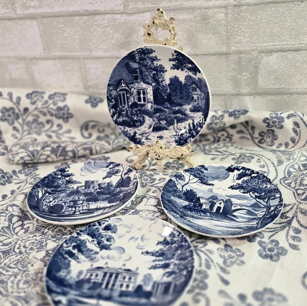 Country Heritage Blue & White Porcelain 6" Dessert Plates Set of 4 Cottage Farm - Picture 2 of 8
